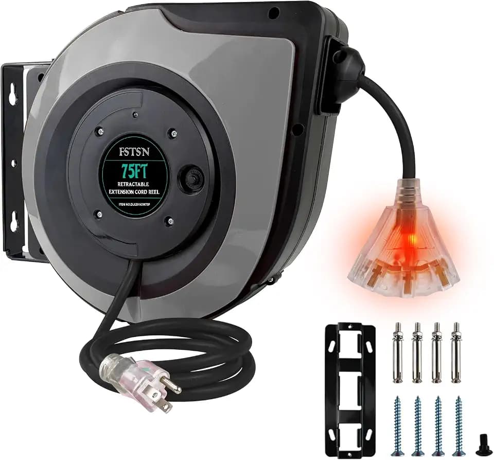 75ft Retractable Extension Cord Reel - 14 AWG/3C SJTOW Heavy Duty with 3 Lighted Outlets, 10A Breaker - Wall/Ceiling Mount for Indoor Outdoor Garage, Workshop Grey.