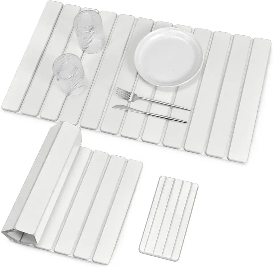 Large Stone Dish Drying Mat for Kitchen Counter, Foldable Quick Drying Dish Mats, Ultra Absorbent Diatomaceous Earth Mats for Dishes Bottles Cups, Match Any Countertop (White 28"×16" & 8"x4")