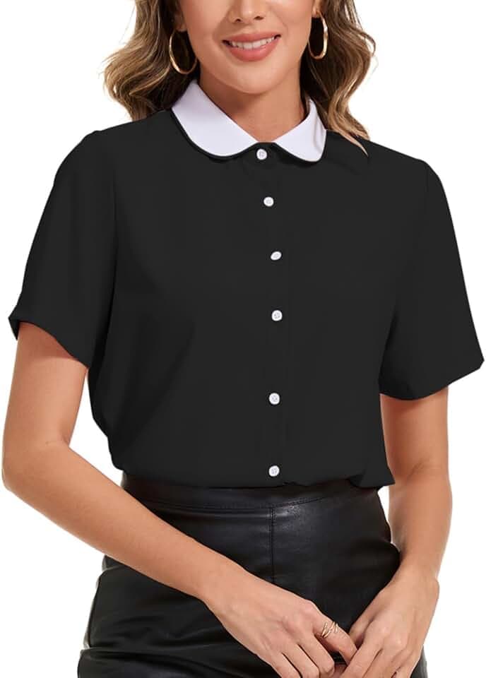 Women's Vintage Button Down Shirt 2025 Short Sleeve Contrast Peter Pan Collar Office Work Blouse