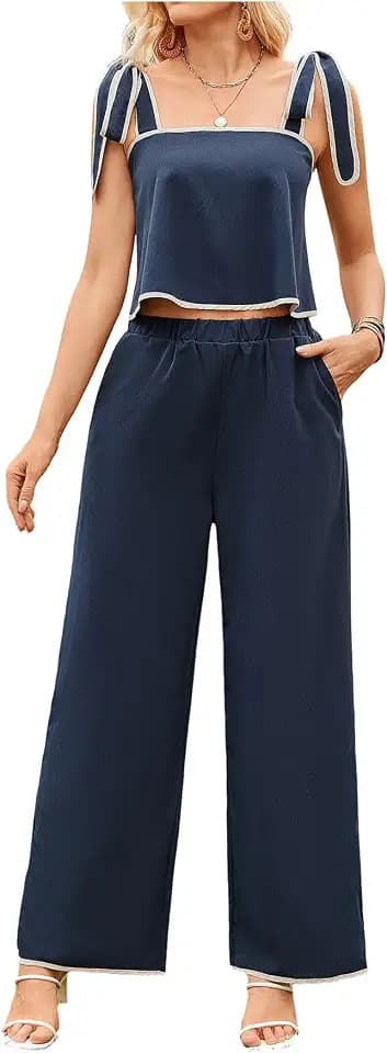 SOLY HUX Women's 2 Piece Set Tie Shoulder Crop Top and Pants
