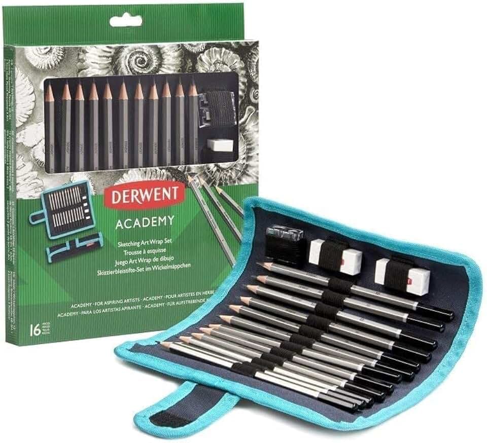 Derwent Academy Künstlerrolle mit Bleistiften für Skizzen, Bleistifte Set in Mäppchen, Zeichnen & Ausmalen, 16er-Set, Inklusive Spitzer & Radierer, Ideal zum Skizzieren, Academy-Serie, 2305682