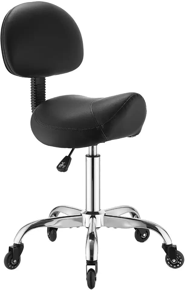 VEVOR Saddle Stool with Back Support, 500 lbs Weight Capacity, Height Adjustable, Quiet Casters, Ergonomic PU Leather Seat, 360° Swivel Saddle Stool Rolling Chair for Salon, Spa, Bar, Medical, Black