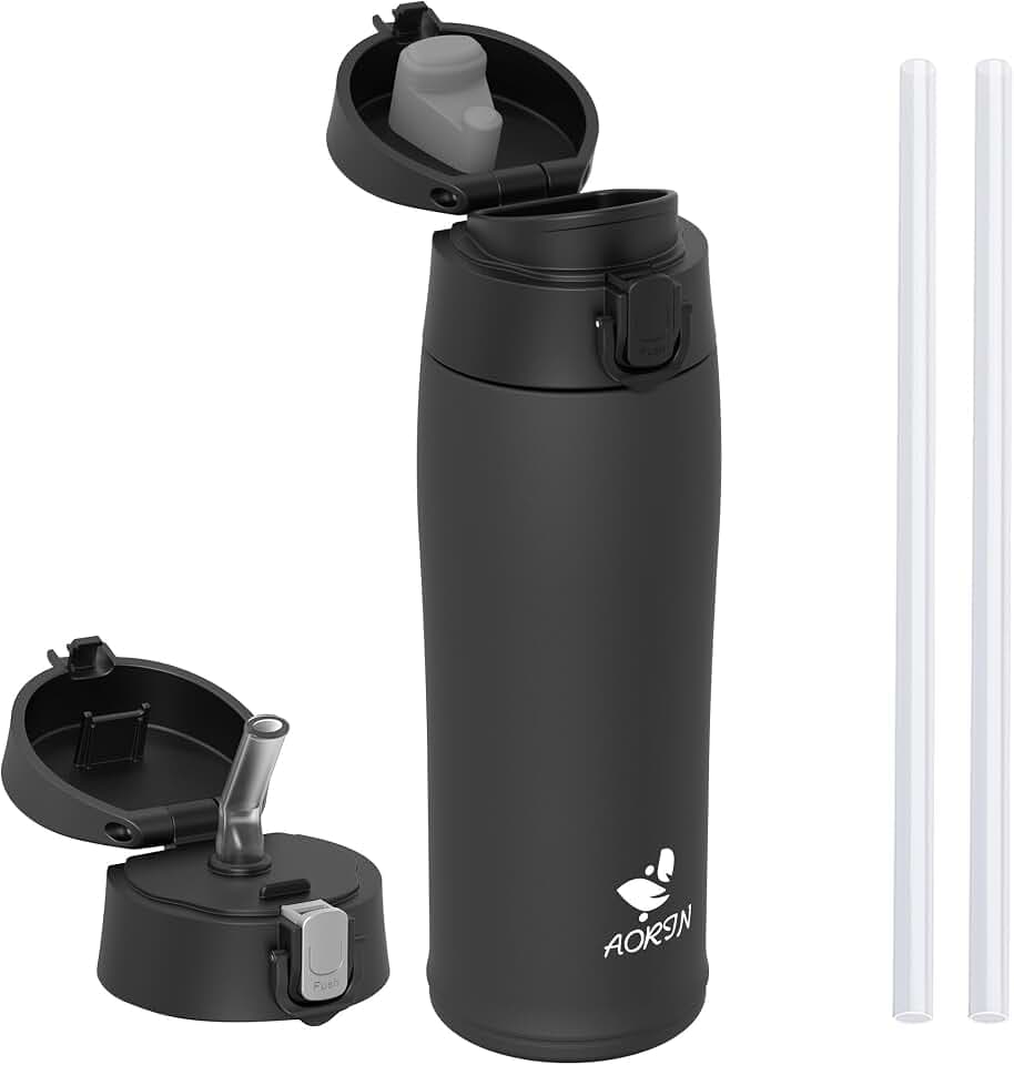 AORIN Trinkflasche Edelstahl Isolierflasche Thermosflasche 500/750/950ml | 2 auslaufsichere Deckel mit Strohhalm, hält kalt und heiß, BPA-freier 18/8 Edelstahl, ideal für Sport, Schule und Alltag