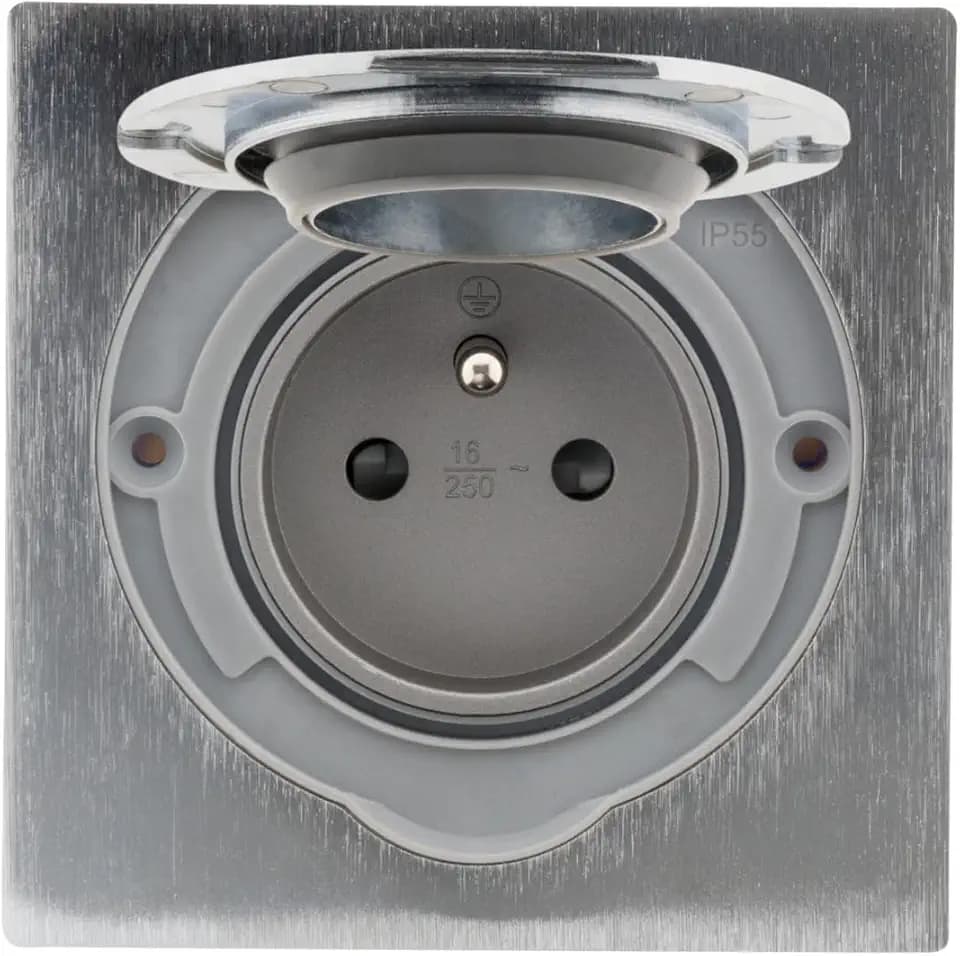 Zenitech - Bodendose 16A 2P+T - Gebürstetes Aluminium - IP55, Magnetklappe, Schnelle Verdrahtung, Schraubbefestigung, Montagedose, Dichtungen - Terrasse/Büro