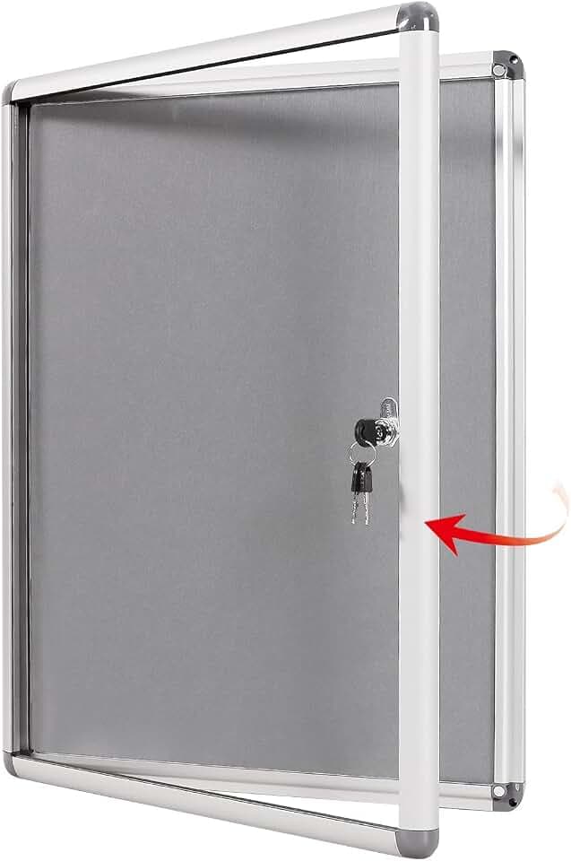 SWANCROWN 20x14 in Enclosed Bulletin Board, Lockable Noticeboard, Grey Felt