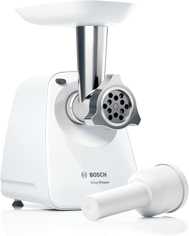 Bosch Fleischwolf SmartPower MFW2500W, elektrisch, klein, kompakt, einstufig, leistungsstark, 1 Edelstahl-Loch-Scheibe 3,8mm, Sicherheits-Schnell-Kupplung, 1500 W Blockierleistung, 350 W, weiß