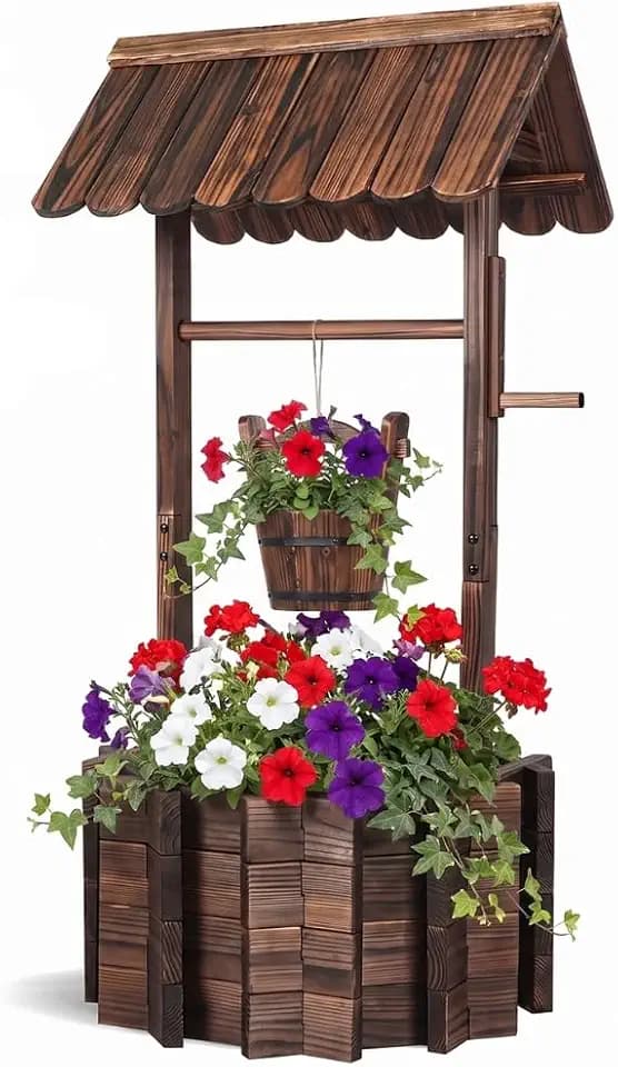 Wooden Wishing Well Planter, 4 Reinforced Rods Won't Blow Down