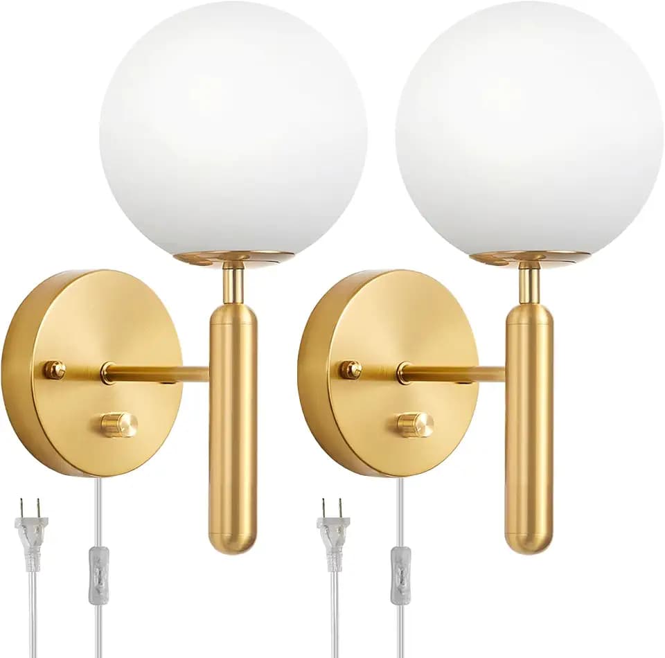 Dimmable Plug in Wall Sconces Set of 2 with Milky Glass Globe Shade, Gold Wall Light with Plug in Electric Cord Dimmer Knob Switch Mid Century Modern Vintage Wall Lamp for Bedroom Bedside Living Room