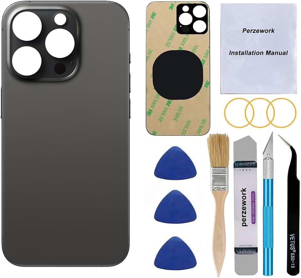 OEM Rear Back Glass Replacement for iPhone 15 Pro 6.1-inches with Reparing Tool Kit and Pre-Installed Adhesive (Black Titanium)