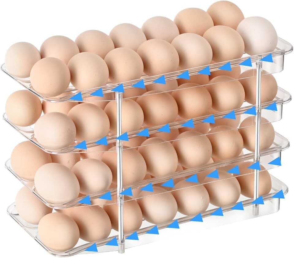 Egg Holder,4 Tier Clear Organizer with Auto-Roll Design, Adjustable Height Egg Storage Container Holds Up to 56 Eggs for Refrigerator,Kitchen Cabinet