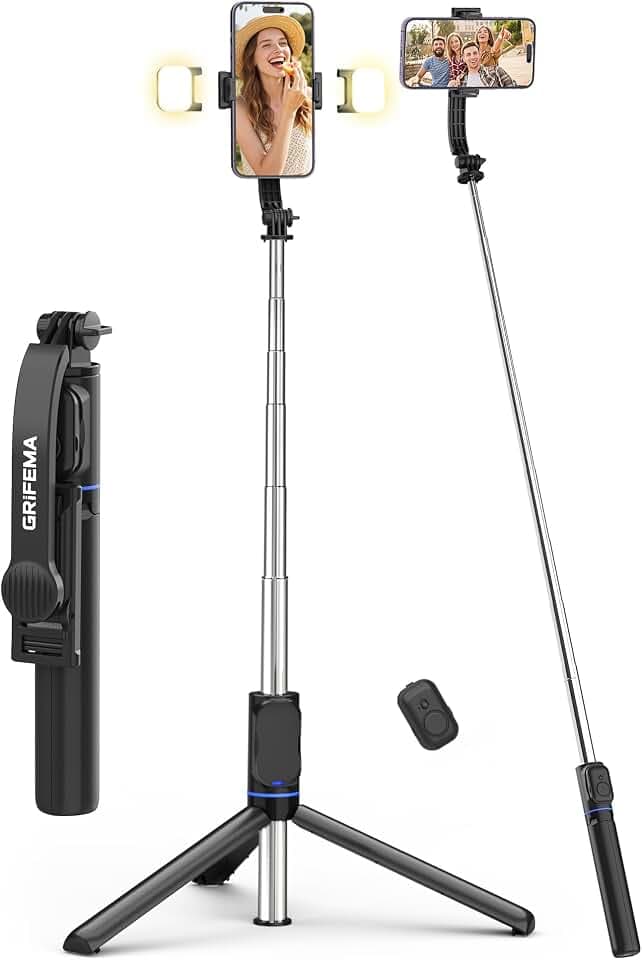GRIFEMA Selfie Stick Stativ mit LED-Licht, 3 Modi & 6 Helligkeitsstufen | 107cm Ausziehbares Handy-Stativ mit Fernbedienung, 360° drehbare Halterung, Tragbarer Selfie-Stick für iPhone & Android, Vlog