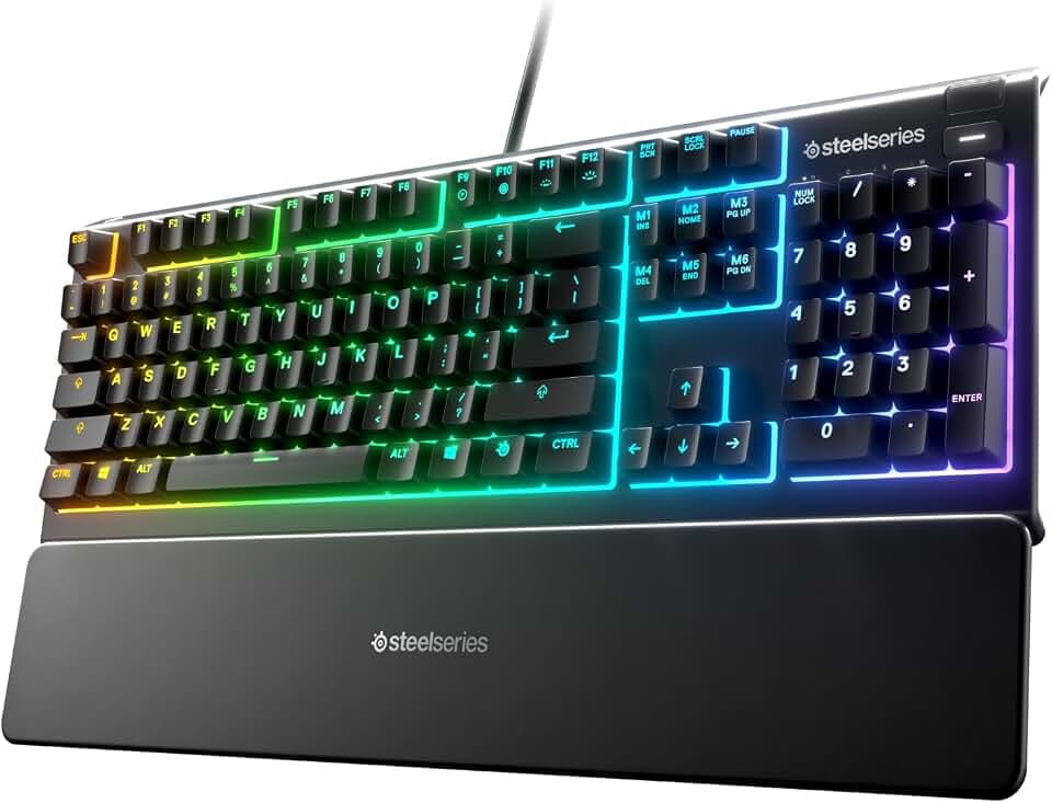 SteelSeries Apex 3 RGB Gaming Tastatur 10-Zonen RGB Beleuchtung IP32 Wasserabweisend Premium Magnetische Handgelenkauflage 64812 flüsterleise fühlbar & geräuschlos