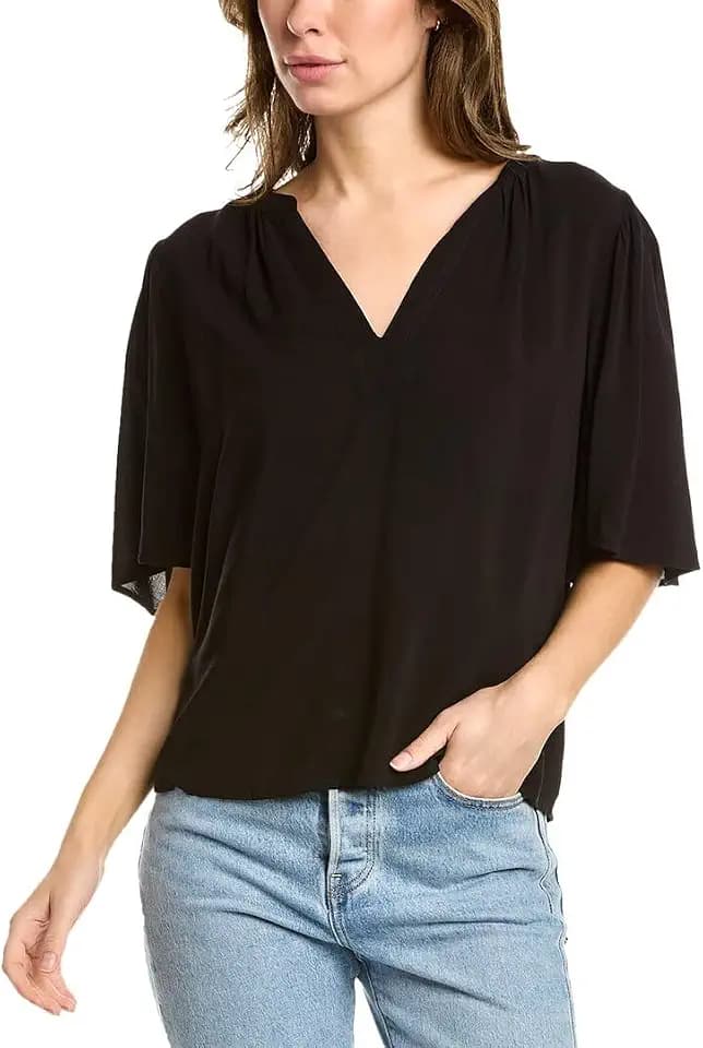 Velvet by Graham and Spencer Women's Avary V Neck Draped Blouse, Black, S