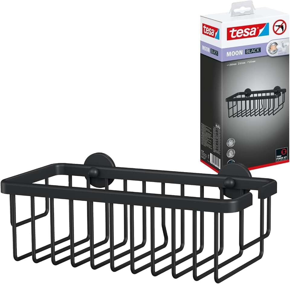 tesa MOON BLACK Duschablage - 250 mm x 92 mm x 125 mm | Duschkorb zur Wandbefestigung ohne Bohren - extra tief, einstöckig, aus pulverbeschichtetem Metall - inkl. Klebelösung