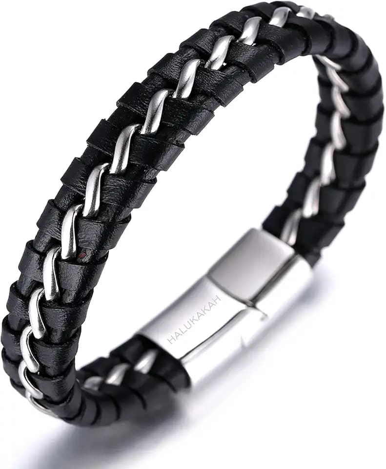 Halukakah Kinder ● Solo Junior ● Jungen Armband Handgefertigt | Echtleder Klassisch Schwarz | Magnetverschluss Edelstahl | mit Titan Perlen in Gold/Silber | KOSTENLOS Geschenkbox | 6-12 +3 Y/O. 18-19.5cm