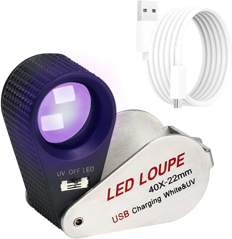 Beleuchtete Juwelierlupe 40x, Wiederaufladbare Juwelierlupe, Faltbare Schmucklupe, LED-Lupe mit 6 LEDs und UV-Licht für Edelsteine, Schmuck, Münzen, Briefmarken, etc