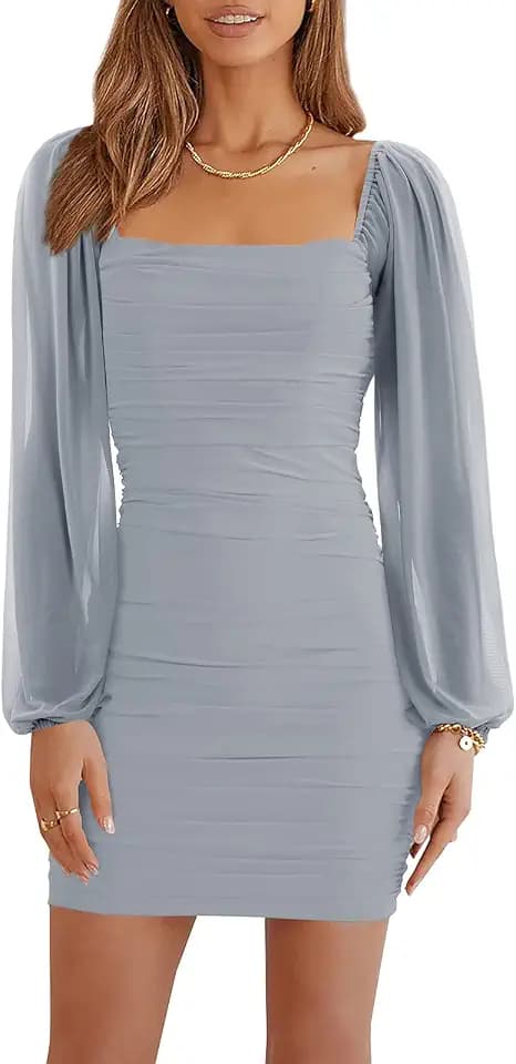 Wenrine Damen Kleider Party Cocktail Club Bodycon Kleid Hochzeitsgast Mesh Langarm Square Neck Minikleid Slim Fit