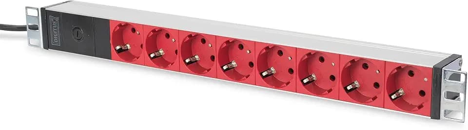 DIGITUS 19" Steckdosenleiste - 8 Abgriffe (rot) - 1HE - 250VAC - 50/60Hz - 16A - 2500W - Vorsicherung für Überlastschutz