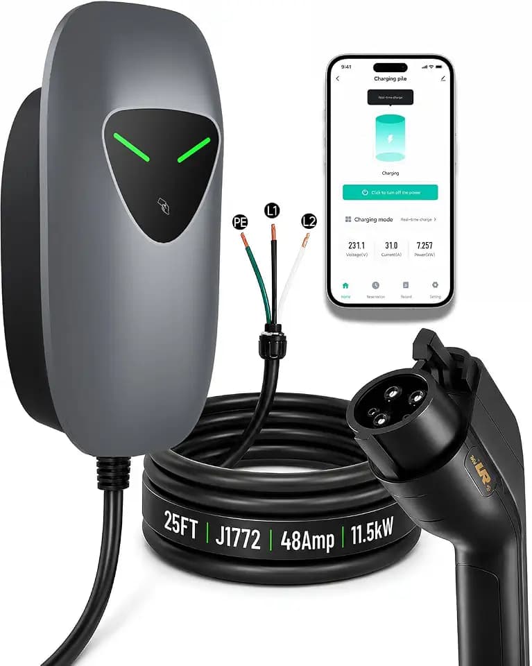 48A Level 2 EV Charging Station,Hardwired J1772 11.5kW RFID 25ft WiFi App