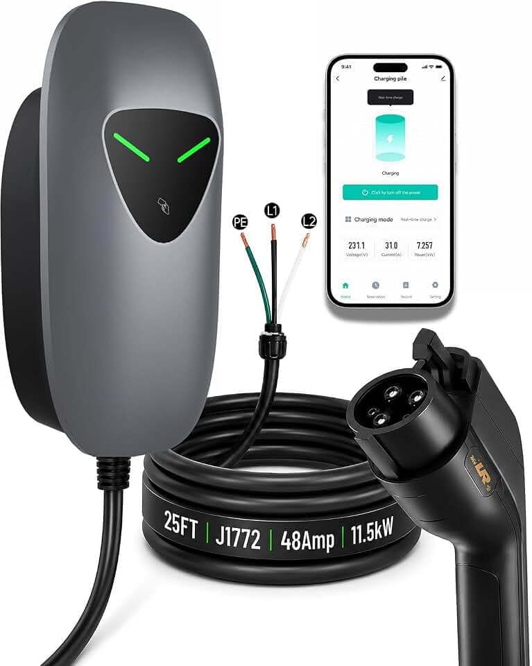 48A Level 2 EV Charger Station Hardwired, J1772 240V 11.5kW WiFi App 25ft