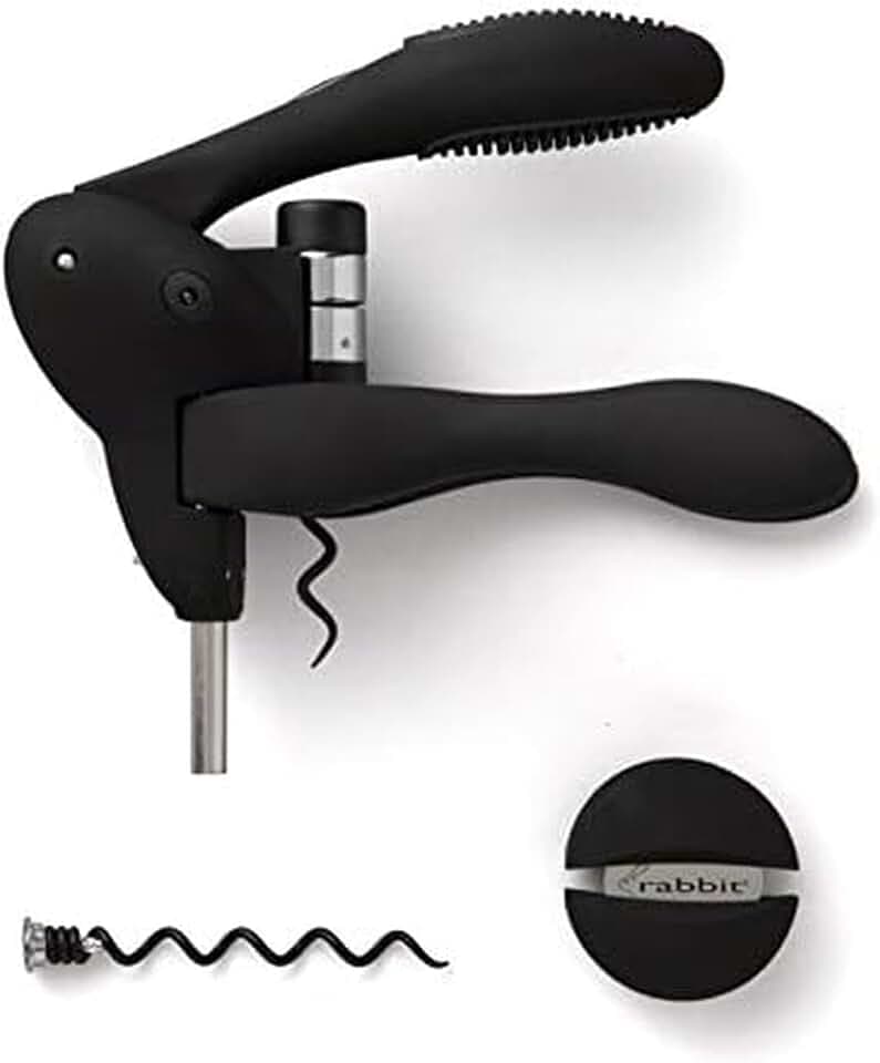 Rabbit Original Lever Corkscrew Wine Opener – Includes Foil Cutter and Extra Spiral, Easy Lever Wine Bottle Opener (Black)