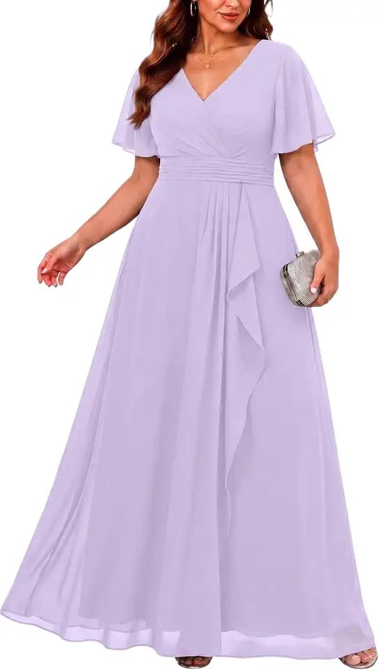 Plus Size Formal Dress Wedding Guest Chiffon V Neck Ruffle Long Dress Women