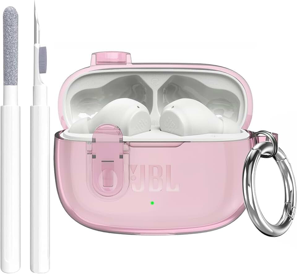 OTOPO Compatible with JBL Vibe Beam 2/Beam/Vibe 200TWS Case Cover Clear Lock Clip with Cleaner Kit, Transparent TPU Protective Cover Men Women with Carabiner for JBL Vibe Beam 2 Charging Case - Pink