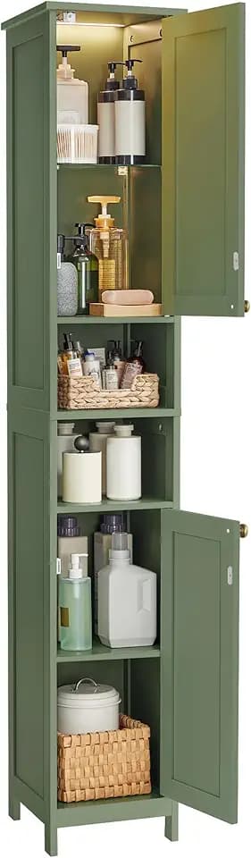 VASAGLE Tall Storage Cabinet with Lights, Slim, 11.8" W, Forest Green