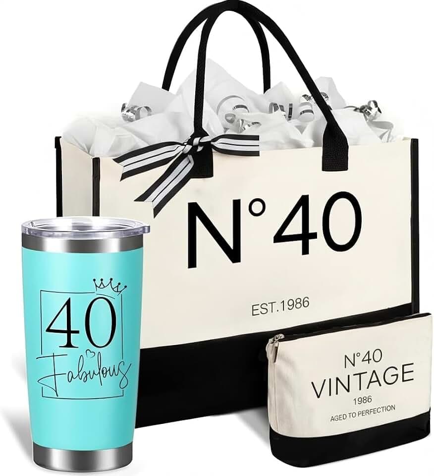 Physkoa 4Pcs Womens Birthday Gift Set, Tote Bag with Tumbler, Double Sided Gift Wrap Bags, for 40/50/55/60/65/70th Birthday
