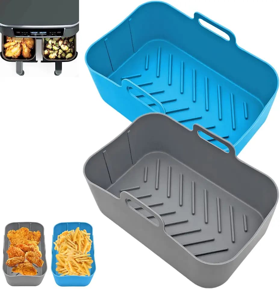 2er-Pack Airfryer Silikonform Zubehör für Ninja Foodi Dual Zone Heißluft-Fritteuse AF300EU, Ninja Air Fryer Silikon Accessories, Silikoneinsatz Einsätze Backform für Heißluftfritteuse (Grau+Blau)