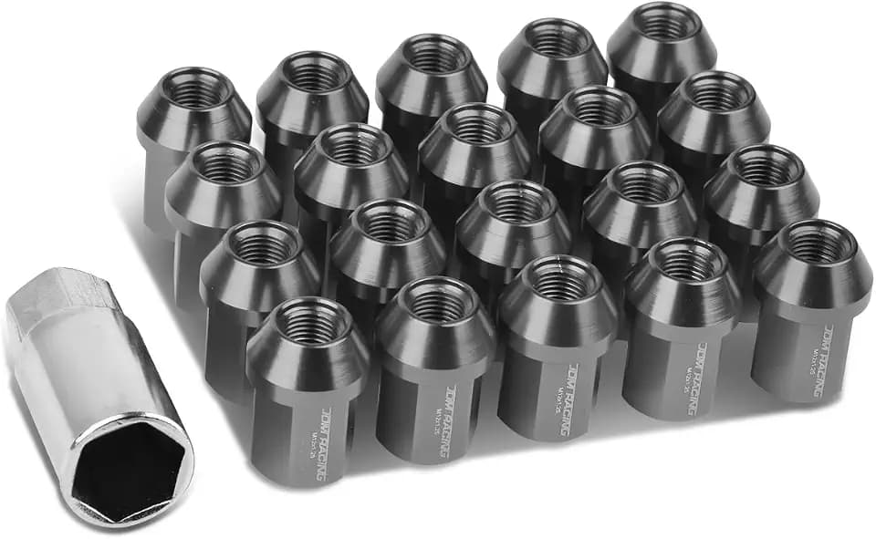 DNA Motoring M12x1.25 Universal Aluminum Lug Nuts, 20 Pcs Anodized Finish Closed End Acorn Nuts w/Socket Key, Gun Metal Accents for Conical Seat, LN-ZTL-9018-125-GM