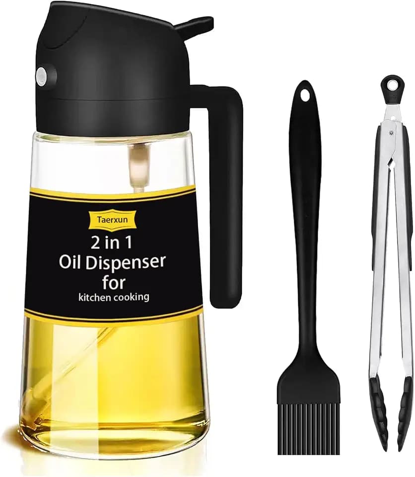 Ölsprüher für speiseöl zum Kochen in der Küche,Ölspray und Gießen 2 in 1 oil sprayer,Olivenöl-Spray glas 470 ml,Geeignet für Heißluftfritteuse,Backen, Grillen,etc., Schwarz