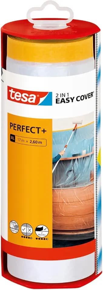 tesa Easy Cover Perfect+ Dispenser XL - 2in1 Malerfolie mit Washi-Kreppband und Abroller - für saubere, präzise Schnitte - mit Klingenabdeckung - 17 m x 2,60 m