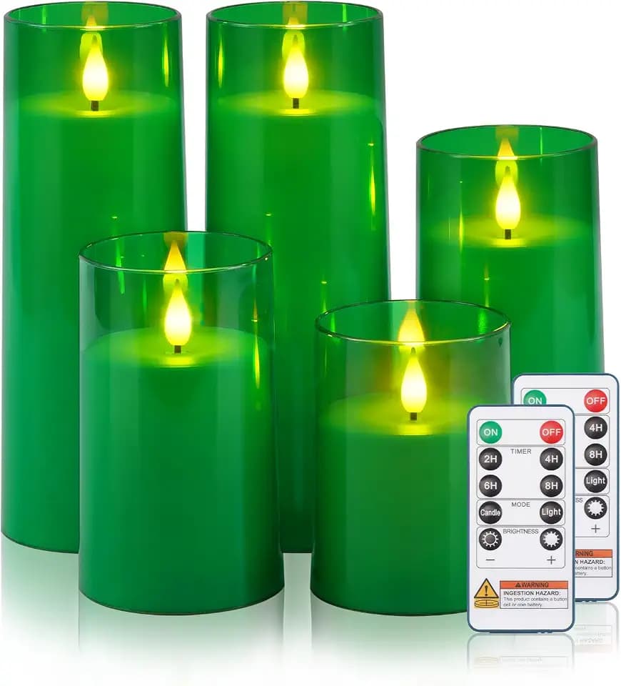 Raycare Battery Operated Flameless Pillar Candles with Remote Timer, Green
