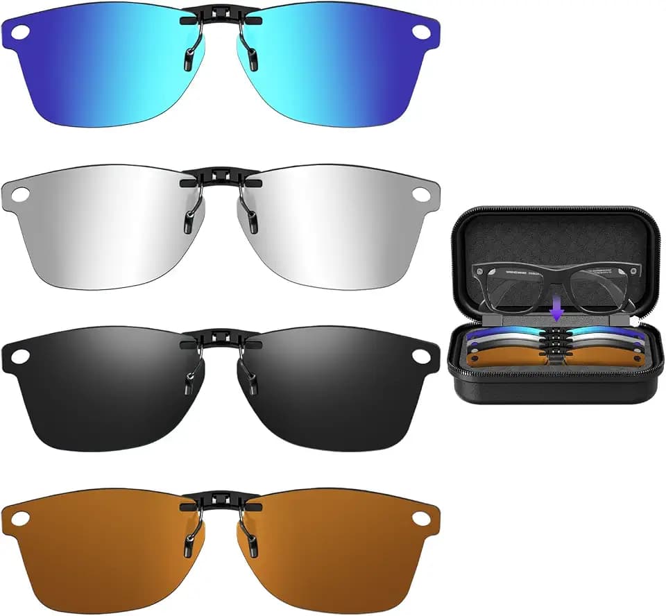 4-Pack Polarized Clip-On Lenses Compatible with Ray-Ban Meta Wayfarer Large (RW4008/4006 RW4012 53-22), Anti-Glare UV400 Smart Glasses Accessories, Black Brown Blue Silver