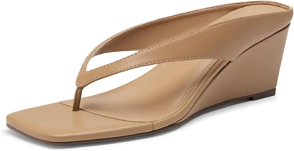 Athlefit Women's Thong Wedge Flip Flops Sandals Tan 7.5