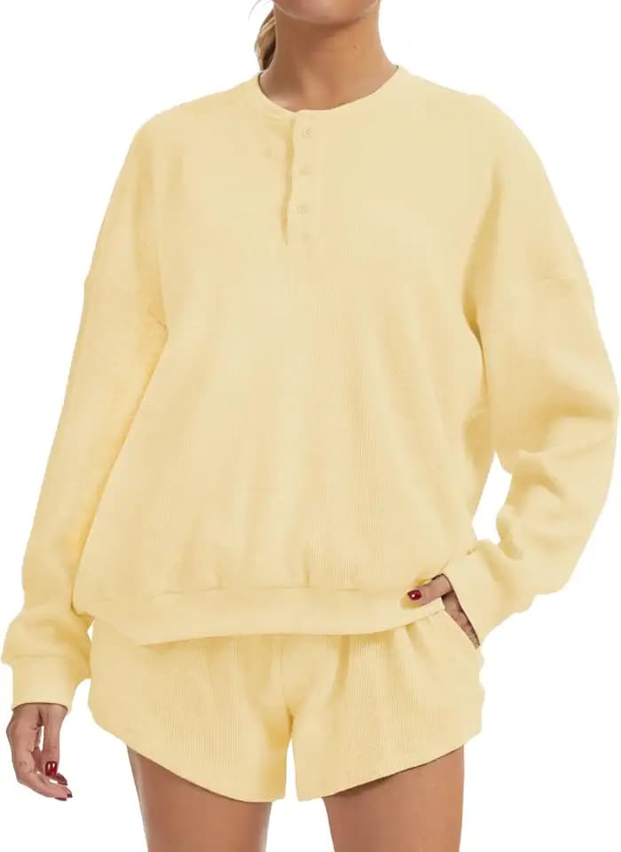 AnotherChill Women's Waffle Knit 2 Piece Lounge Short Sets Cozy Outfits