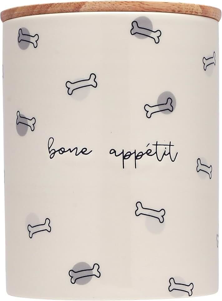 Pearhead Bone Appétit Ceramic Dog Treat Jar with Airtight Wooden Lid