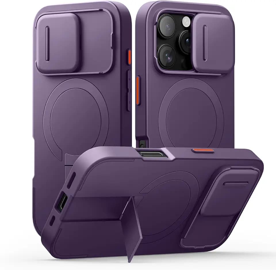 SURITCH for iPhone 16 Pro Case with Slide Camera Cover and Adjustable Kickstand, Compatible with MagSafe, Shockproof Bumper Case Slim Protective Cover for iPhone 16 Pro 6.3 Inch, Dark Purple