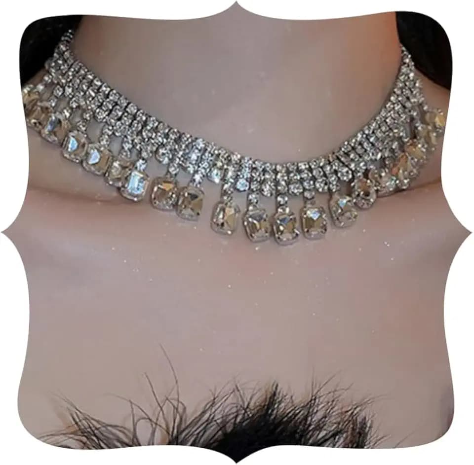 Jumwrit Sparkle Rhinestone Layered Choker Necklace Dainty Square Tassel Drop Pendant Necklace Statement Chunky Chain Tennis Necklace Trendy Prom Party Jewelry for Women Girls