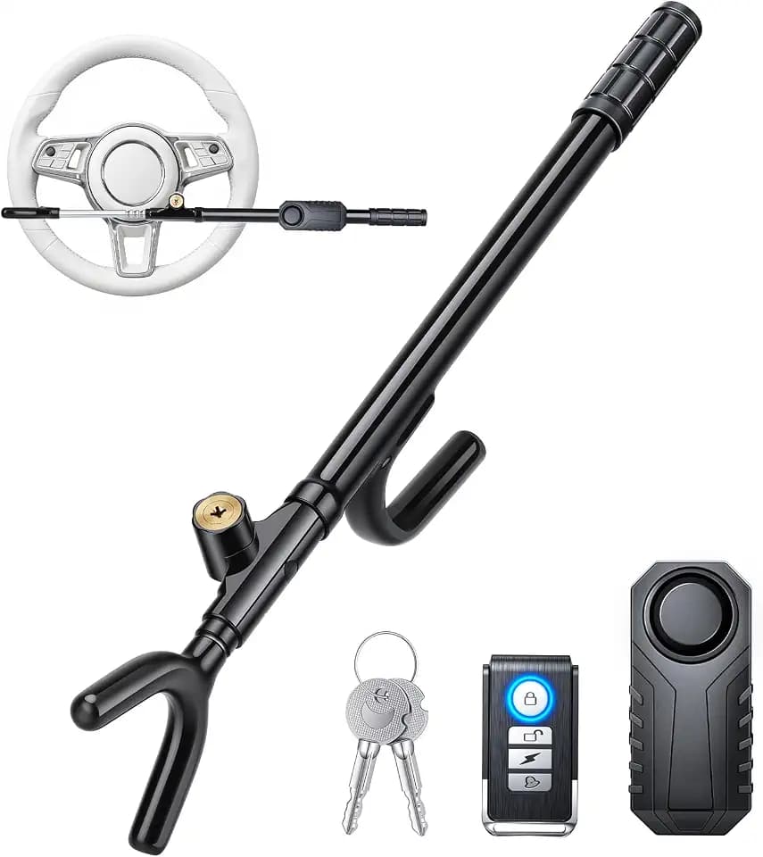Steering Wheel Lock with 113dB Alarm, Adjustable Metal Bar, Dual Anti-Theft