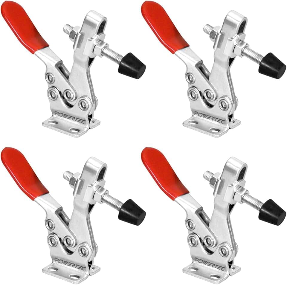 POWERTEC 4PK Toggle Clamp, 500 lbs Holding Capacity, 225D Quick Release Horizontal Clamps w/ Antislip Rubber Pressure Tip for Woodworking Jigs and Fixtures, Welding, Drill Press, Crosscut Sled (20326)