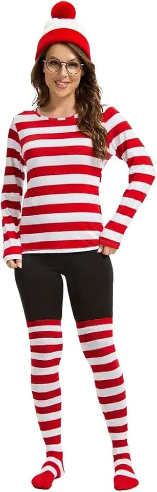 Women Red and White Striped Shirt Hat and round eye glasses Socks Suit for Halloween