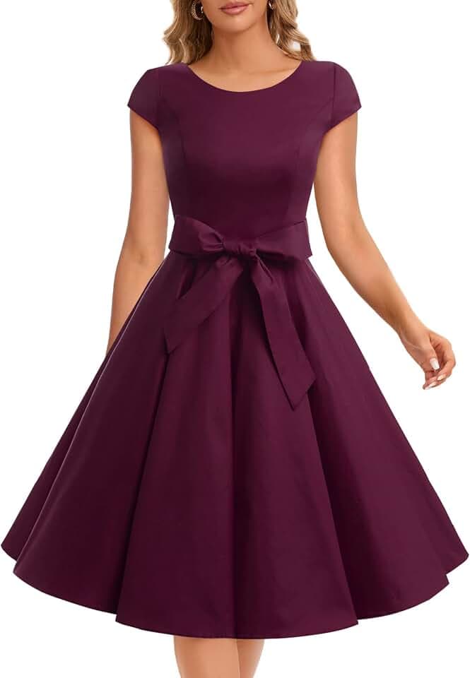 Dressystar Damen Vintage 50er Cap Sleeves Dot Einfarbig Rockabilly Swing Kleider