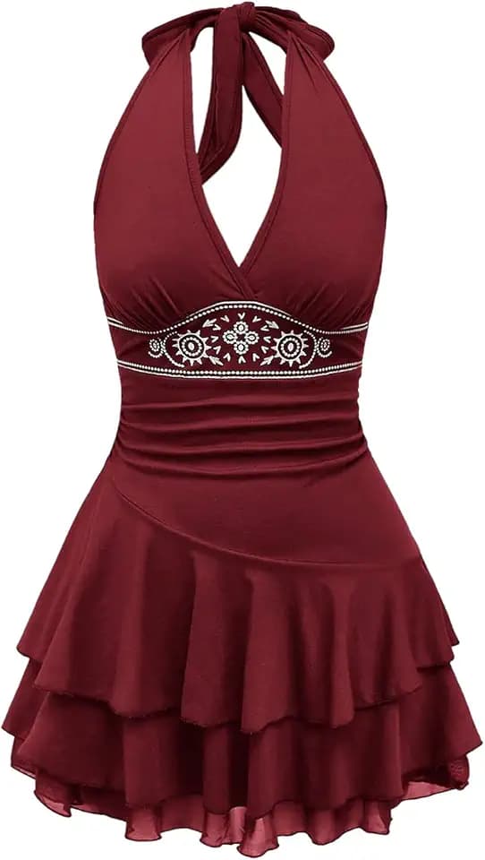 Verdusa Women's Plus Size Western Dress Halter Neck Ruched Ruffle Dress Y2K