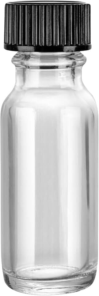 Restaurantware Vetri 0.5 Ounce Boston Glass Bottles, 48 Sample Bottles With Black Phenolic Caps - Dishwashable, Round, Clear Glass Bottle, For Potion, Juice, Ginger Shots, Whiskey, Liquids