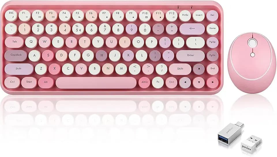 Perixx PERIDUO-713 Wireless Mini Keyboard and Mouse Combo, Retro Round Key Caps, Pastel Pink, US English Layout