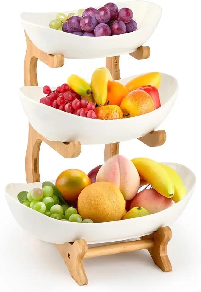 Obst Etagere 3 Etagen Keramik Obstschale – Moderne Snackschale Etagere 3 Ebenen mit Bambus Stand – Servierständer für Obst, Snacks & Süßigkeiten – Platzsparende Tisch Deko für Küche & Esstisch