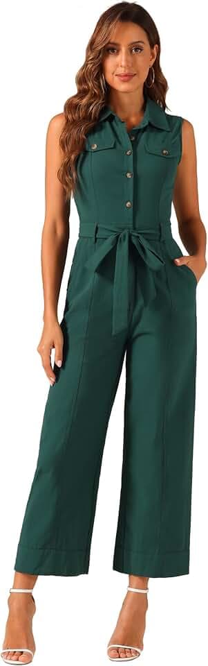 Allegra K Women's Wide Leg Jumpsuit 2026 Sleeveless Collared Tie Waist Coverall Button Down Cargo Cotton Jumpsuits