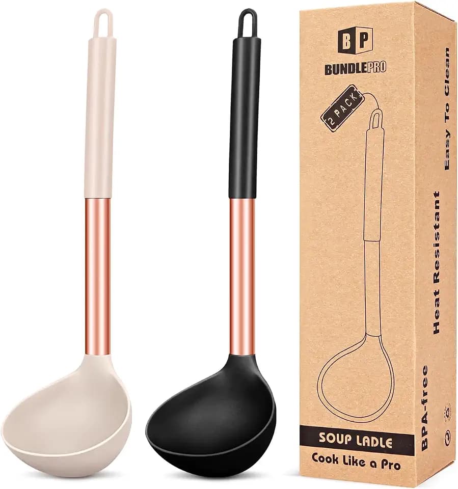 BUNDLEPRO Silicone Soup Ladle Spoon, 2 Pack, Rose Gold Black-Khaki